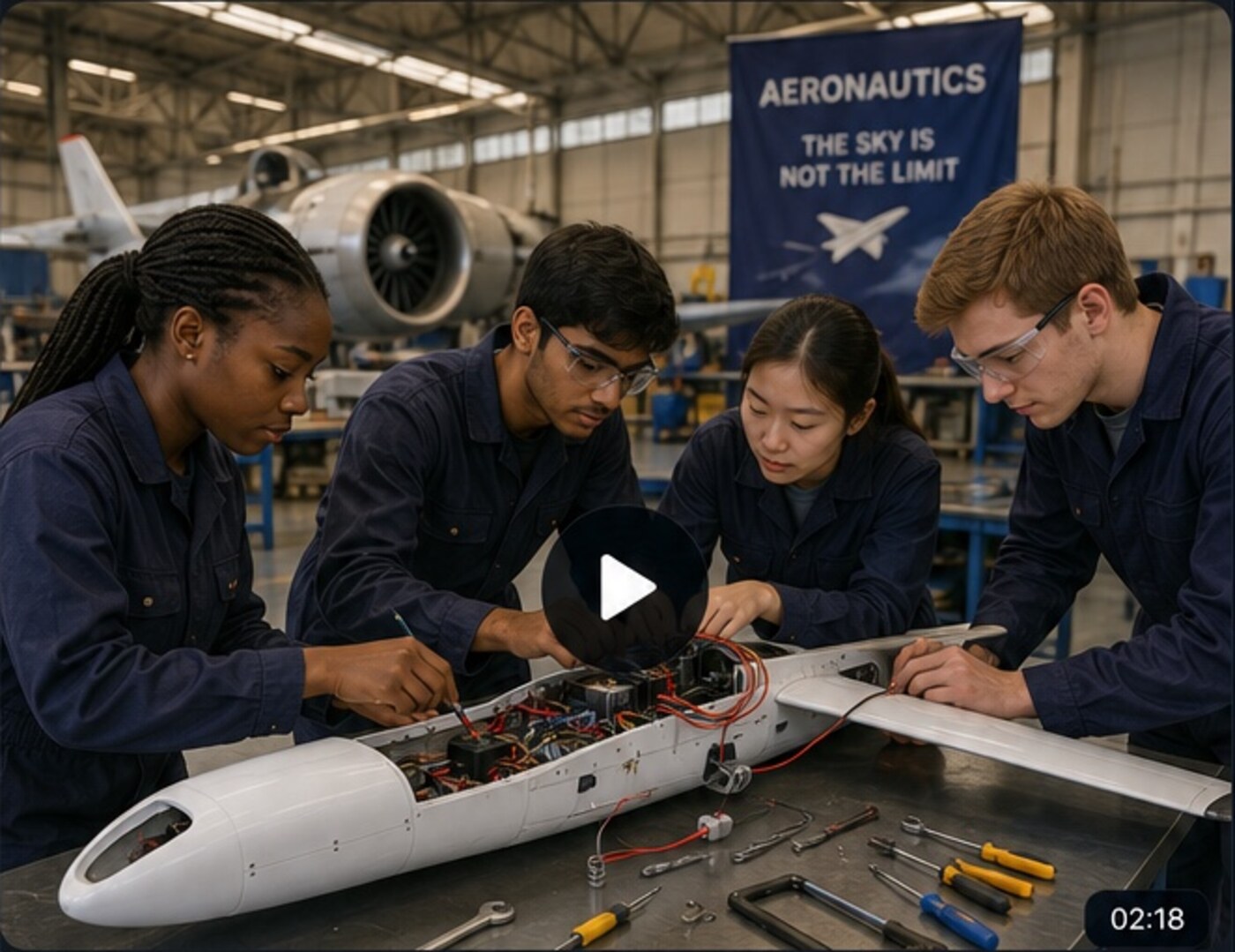 Quatre élèves travaillent ensemble sur un mini-drone dans un atelier d’aéronautique